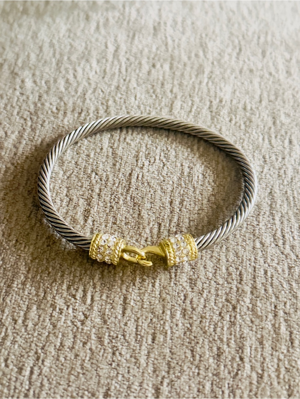 Two-Tone Twisted Cable and CZ Accents Bangle Bracelet
